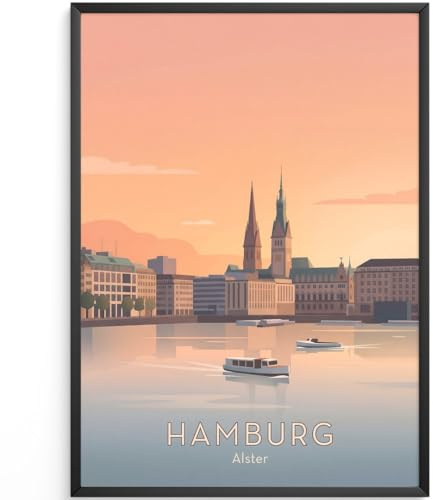 MJ-GRAPHICS® Poster Hamburg Alster Bilder Sonnenuntergang Wandbild Architektur Deko minimalistisch Pastelltöne Wohnzimmer Kunstdruck elegante Wanddeko A4 ohne Rahmen