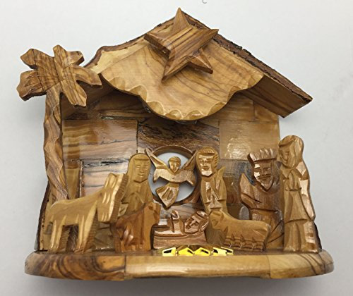 Weihnachtskrippe aus Olivenholz, rotierend, in Geschenkbox, spielt Silent Night