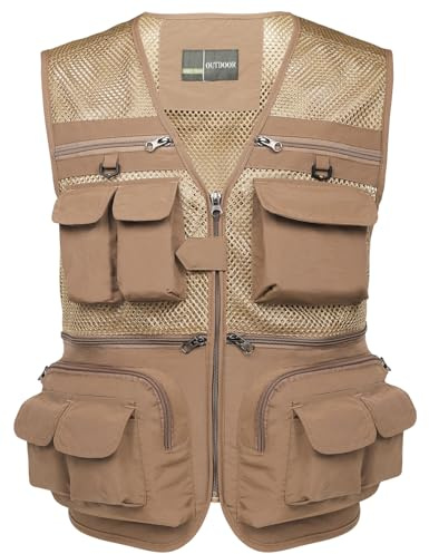 Flygo Men's Fishing Vest Utility Lightweight Outdoor Travel Safari Photo Cargo Vest with 16 pockets mesh Khaki M