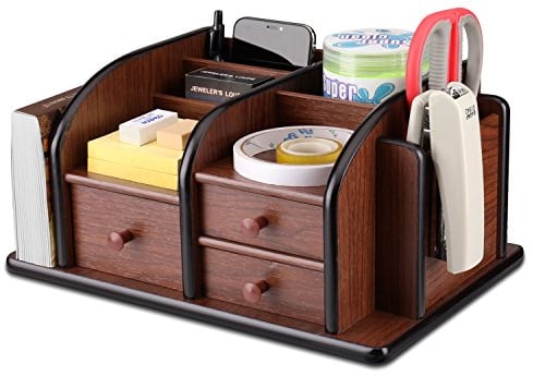 Flexzion Schreibtisch-Organizer aus Holz mit Schubladen – klassisches Bürobedarf-Zubehör, Schreibtisch-Tischsortierregal, Kirschbraun, Stifthalter-Set mit 3 Schubladen, 3 Fächern und 2 Ablagen