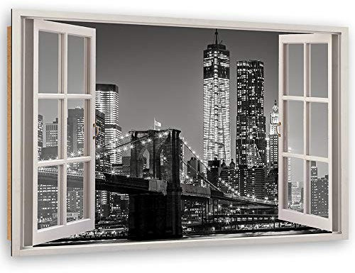 Feeby - Wandbilder Wohnzimmer 120x80 cm, Deko Paneel Bilder, Bilder für Schlafzimmer, Echter Gemalter Effekt, Moderne Wanddeko, Gemälde - Fensterblick, New York - Schwarz-Weiß