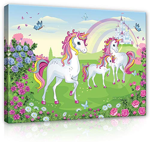 WallArena - Leinwand Bilder - Einhorn Kinderzimmer Mädchen Rosa Schmetterling - 80x60 cm Leinwandbilder - Bild auf leinwand - Wandbild XXL groß Wandbilder für Schlafzimmer Wohnzimmerbilder Modern