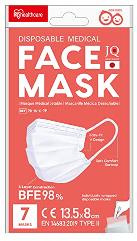 Iris Ohyama, 105 chirurgische Einwegmasken (15 Sets à 7 Stück), Größe S, 3-lagig, BFE 98%, Einzelverpackung, Irritationsfreies Gummiband - Mask PK - Weiß