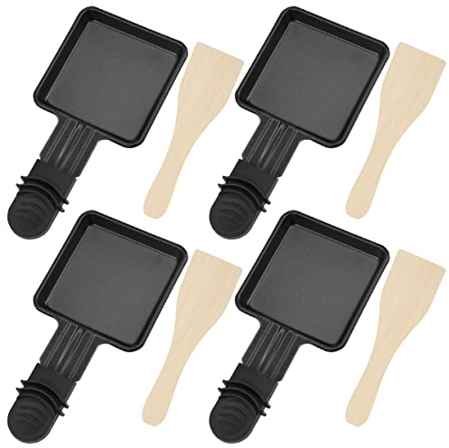 Digyssal 4PCS Coupelle Raclette Barbecue et 4PCS Spatules à Raclette en Bois Poêlon Raclette Grill Revêtement Antiadhésif en Fonte Mini Assiette avec Poignée Isolée