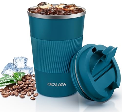 Aolieh Travel Mug, Insulated Coffee Cup,Double Walled Travel Mug Vacuum Insulation Stainless Steel with Leakproof Lid Eco-Friendly Reusable Cup for Coffee,Tea and Beer(Blue-380ML)