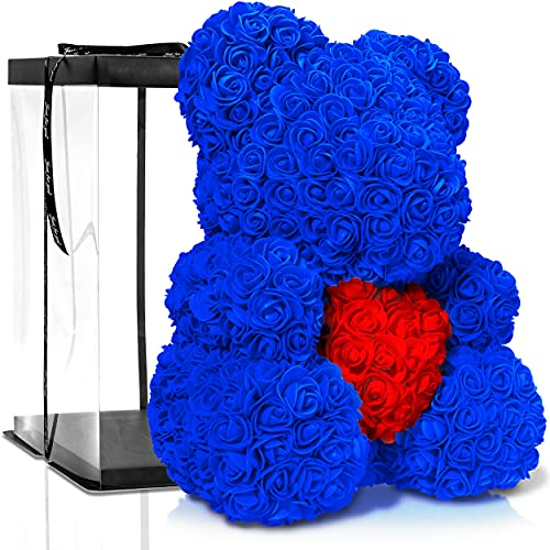 ROSEBEAR Blumenbär mit Geschenkbox - Rose Bear aus ewigen Rosen in voller Farbe - Geschenk für Ihn & Sie zum Jahrestag Geburtstag Muttertag Hochzeitstag (40 cm, Blau mit Herz)