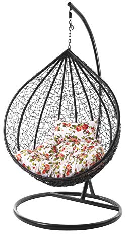 Kideo® Komplettset: XXL Hängesessel mit Gestell & Kissen, Lounge Möbel, Poly-Rattan, schwarz, edel, groß (Kissen: Chesterstepp geblümt (3761 Roses))