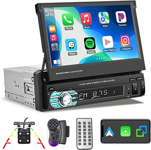 Hikity Autoradio Bluetooth 1 Din con Schermo Carplay 7 Pollici Manuale Telescopico Touchscreen Stereo Auto conFM BT TF AUX USB SWC Mirror Link(per Android/IOS)+ Retrocamera+Telecomando