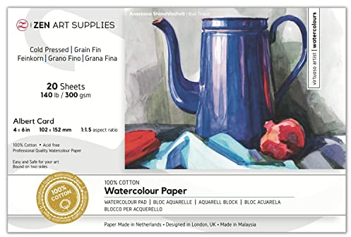 100% Baumwolle Aquarellpapier 300 gsm - 4x6 in (10,1 x 15,2 cm) 20 Blatt Kaltpressung säurefrei Mini Block 2-seitig gebunden - für Aquarell, Gouache, Tinte, Mischtechniken von ZenART