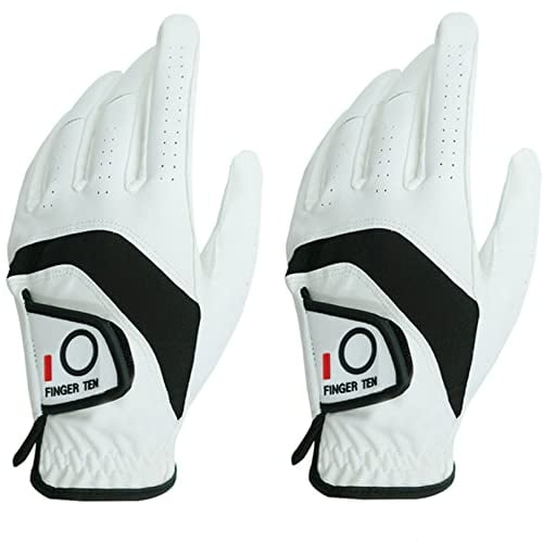 FINGER TEN Golfhandschuhe Herren Leder Links Rechts Golfhandschuh Wert 2 Stück, Golf Handschuhe Linke Rechte Hand Nicht Paaren Männer Golfer Rain Griff rutschfest, zum Größe S M ML L XL (M, Links)