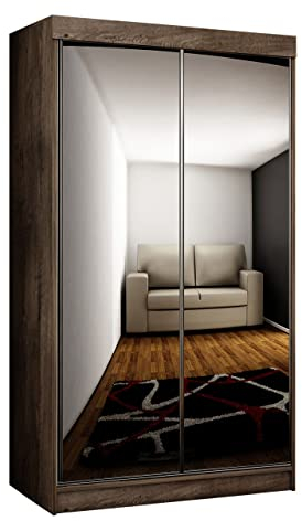 Kleiderschrank Toplo 100 I, Elegantes Schlafzimmerschrank 2 Spiegel, 100 x 200 x 62 cm, Dielenschrank, Garderobenschrank, Schwebetürenschrank (Esche Dunkel, mit Blauer LED Beleuchtung.)