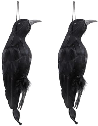 KWQBHW 2 Stück realistische hängende tote Krähe schwarz gefiederte Krähe Fake Crow Lockvogel 32 cm große Raben für Halloween Party Bar Dekoration Spukhaus Gruselrequisite