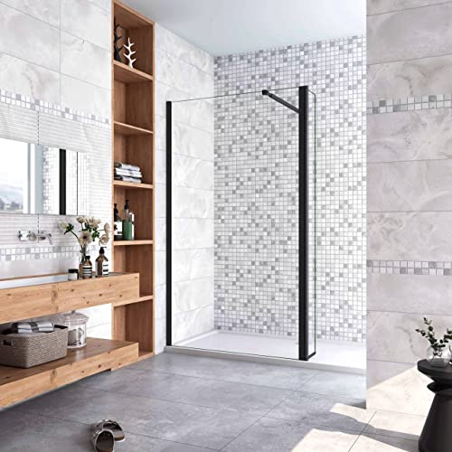 Walk in Doccia 100x200cm Due Pareti (60+40) cm Vetro 8mm Barra 73-120cm | Anticalcare, Trasparente Vetro Temperato, Telaio Nero Opaco