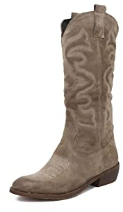 QUEEN HELENA Stivali Camperos di Pelle a Punta con Tacco Western Stivaletti Texani Scarpe Donna S201 (Taupe, numeric_36)