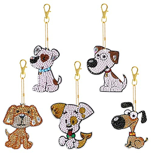 JSRQT 5 Stücke Diamond Art Painting Schlüsselanhänger, Hunde Diamant Malerei Schlüsselanhänger Voll Kits, 5D DIY Bohrer Anhänger Handwerk Strass Painting für Rucksack Handtasche, Craft Buddy