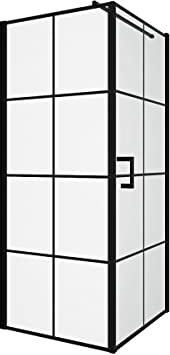 Vente-unique-Mampara de ducha fija con puerta pivotante serigrafiada negro mate - 80 x 80 x 190 cm - CAPARICA