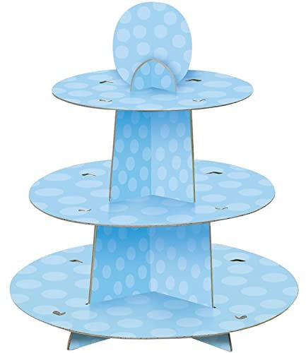 Trimming Shop Blue Polka Dot Cupcake Stand for Baby Shower Party, 3-Tier Foldable Cardboard Cupcake Stand for Weddings, High-Tea, Birthday, Anniversary Parties