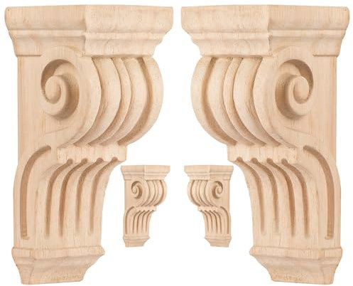 3 inch-W 3 inch-D 7 inch-H Wood Carved Corbels, Tchosuz 4 -Pack Antique Traditional Unfinished Wooden Carving DIY Decorative Scrolled Millwork Brackets for Countertop Kitchen Fireplace Mantel