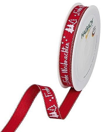 Halbach Seidenbänder Geschenkband Weihnachten Schriftzug Weihnachten | Breite 15 mm Länge 20 m | ideal geeignet für das stilvolle Verpacken von Geschenken für Weihnachten, Farbe: rot/weiß