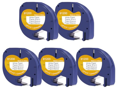 DOREE 5pack 91220 Etikettenband Papier Kompatibel mit Dymo Letratag 91200 91220 S0721520, 12mm x 4m Schwarz auf Weiß for dymo letratag LT-100H LT-100T LT-110T Plus QX 50 2000 XR XM 2000 200B.