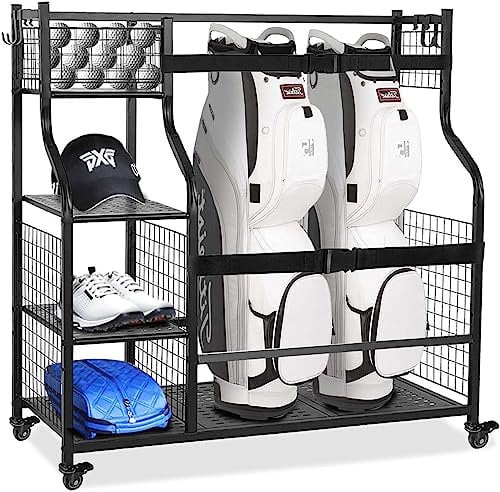 TEKXDD Golf Storage Rack Golf Bag Stand Storage Rack,Golf Club Organisers Extra Large,Golf Bag Organiser with Wheels