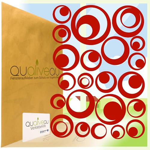QUALIVEAU® 22 Retro Kreise Aufkleber zum Schutz vor Vogelschlag | Komplett – Set mit Verklebehilfe | Farbe: Rot