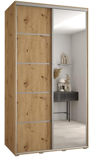 MEBLE KRYSPOL Davos 5 140 Schrank mit Zwei Schiebetüren für Schlafzimmer - Moderner Schrank mit Spiegel, Kleiderstange und Regalen - 235,2x140x60 cm - Artisan Artisan Silber