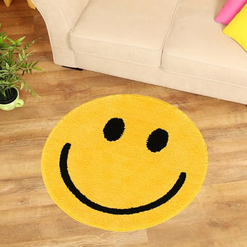 Whaline Smile Face Badteppich Gelb Happy Face getuftet Badematte rutschfest saugfähig rund Badezimmer Dusche Teppiche Haustür Teppich Bodenteppich für Zuhause Küche Schlafzimmer Eingang WC Badewanne