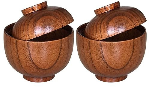 Luxshiny Miso Bowl with Lid: 2pcs Wooden Japanese Bowls Lacquered Rice Bowls Traditional Soup Bowls Food Serving Bowl Salad Snack Bowls for Home Kitchen Restaurant Brown, 15X4859P2G