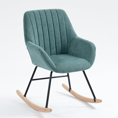 MEUBLE COSY Schaukelstühle Schaukelsessel Schwingstuhl Sessel mit Armlehnen und gepolsterter Sitzfläche für Wohnzimmer Schlafzimmer, Balkon, Metallgestell und Holzkufen, Stoff, Rot, 62x75x87cm