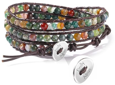 MOWOM Personalizzato Bracciale Avvolgente con Perline per Donna Inciso Foto Nome Bracciale a Strati Fatto a Mano con Perline di Agata Naturale Stile Bohémien Avvolge Bracciali Regolabili