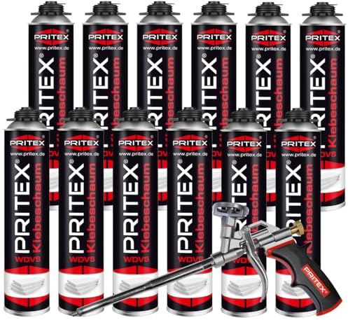 PRITEX WDVS Klebeschaum Set 12x 750ml, Dämmstoffkleber inkl. Pistole