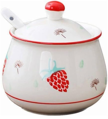 KKGUD Cute Hand-Painted Sugar Bowl, Seasoning Jar, Ceramic Condiment Pot for Restaurant Kitchen Decor- Strawberry Pattern, 320ml