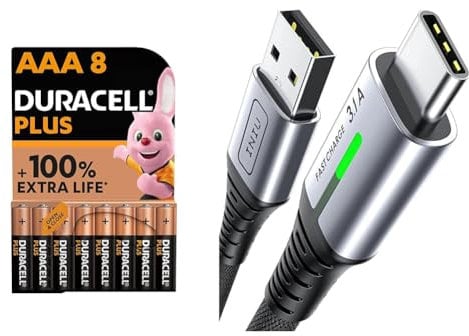 Duracell Plus AAA Batteries (8 Pack) - Alkaline 1.5V - Up To 100% Extra Life & INIU USB C Charger Cable 2m 3.1A Type C Cable Fast Charging, Braided USB A to USB-C Phone Charger