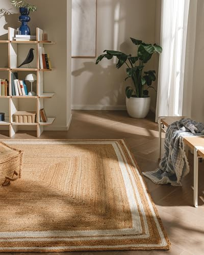benuta Pure Jute Teppich Jutta - Natur 160x230cm - Weiße Bordüre - Handgewebter Wohnzimmerteppich - Natürliches Boho Design - Für Fußbodenheizung geeignet