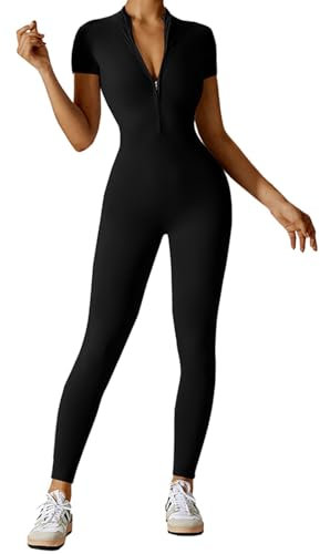 Litthing Damen Sport Jumpsuit Eng mit V-Ausschnitt Reißverschluss Yoga Overall Body Outfits Playsuit Bodycon Kurze Ärmel Strampler Sportanzug Fitness Slim Jogginganzug