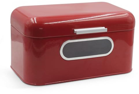 Plexon Red Bread Box for Kitchen Countertop with Lid and Clear Window, Metal Bread Storage Container, 11.81 x 7.09 x 6.3