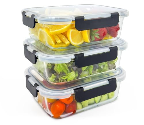 3er-Set Meal Prep Box inkl. Deckel | Glas Frischhaltedosen | luftdicht | BPA-frei | hitzebeständig | geeignet für Mikrowelle, Ofen, Gefrierschrank & Spülmaschine | Vorratsbehälter für Essen [3x1040ml]