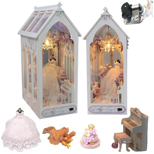 TOPBSFARNY Puppenhaus zum Selbermachen mit Musikbewegung, Hochzeits-Themenbuch-Nook-Set, Illusionsspiegel-Design, Bücherregal, Schreibtisch-Dekor, Modell für Erwachsene, Hochzeitsgeschenk