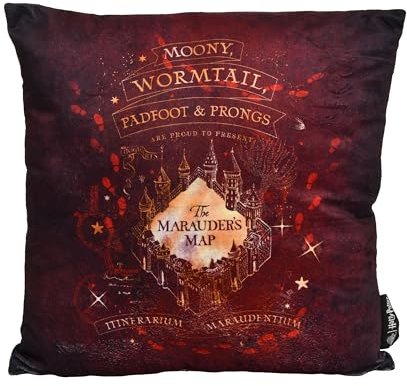 Elbenwald Harry Potter Kissen mit Karte des Rumtreibers Design - 40 x 40 cm - mit Marauders Map Motiv - Für Herren Damen Unisex - Geschenkidee - Dekokissen - Rot