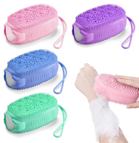 AFOKIC 4 Pack Silicone Body Scrubber, Dual-Sided Shower Scrubber, Gentle Exfoliating Shower Brush, Soft Silicone Loofah for Adults & Babies, Fits for All Skin Types