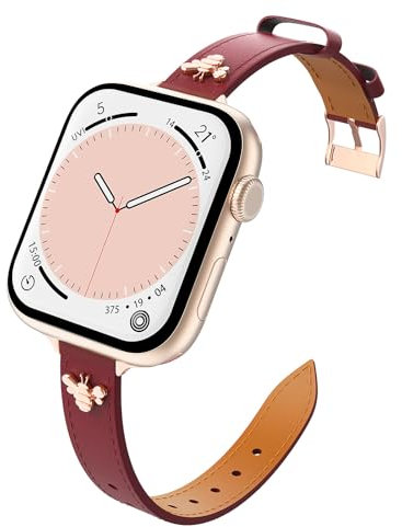 Astorgos Correas de Cuero Finas Compatibles con Apple Watch Ultra/Ultra2 49mm/Series 10/9/8/7/6/5/SE/SE2 42/44/45/46mm, Correa de Recambio Piel Fina Genuina para Mujer, Vino Rojo/Oro Rosa