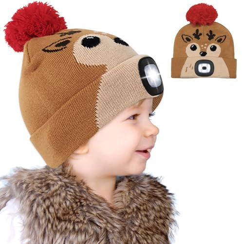 Lets Joy Mütze mit LED Licht Kinder, Weihnachten Mütze mit LED, Wintermütze Kinder, USB Wiederaufladbare Niedlich Winterwarm Strickmütze, Pinguin Schneemann Hirsche Wintermütze Geschenk