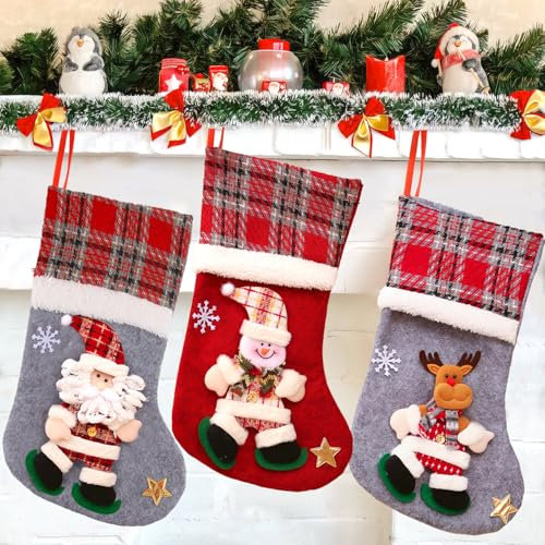 XIMEY Calza di Natale, 3 Pezzi Calza di Natale da Appendere, Calze Befana Vuote, Calza Natalizia, Calze Befana Vuote Piccole/Grandi, Natale Decorazioni per Caminetti, Scale, Alberi di Natale (L)