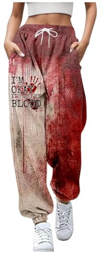 Halloween Kostüm Damen Jogginghose Gruselig Baggy Festival Hose Freizeithose High Waist Horror Jogginghosen Sport Hosen Geister Blutiges Sweatpants Jogger Weite Leichte Pants mit Taschen und Kordelzug