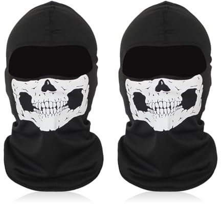 Lot de 2 masques fantômes - Masque squelette de moto - Cagoule de tête de mort - Cagoule - Cagoule - Masque intégral pour homme - Masque de ski - Été respirant - Coupe-vent, Noir , taille unique