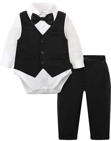 mintgreen Baby Boy Suit, Wedding Bodysuit Waitcoat Gentleman Long Sleeve Clothes Set, Black, 9-12 Months, 80