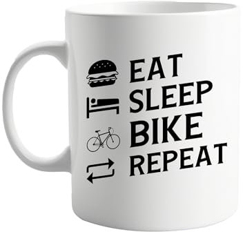 Eat Sleep Bike Repeat Mug - 11oz Coffee Mug for Cyclists, Mountain Bikers, and Road Riders - Unique Biking Gift for Men and Women Who Love Cycling, Espresso, or Tea - Great for Home or Office