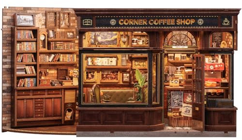 Fsolis DIY Book Nook Kit Miniature & Maison de Poupée, Cadeau créatif Magique pour Adultes et Adolescents - Décoration 3D en Bois avec Maison de poupée illuminée pour (Corner Coffee Shop)