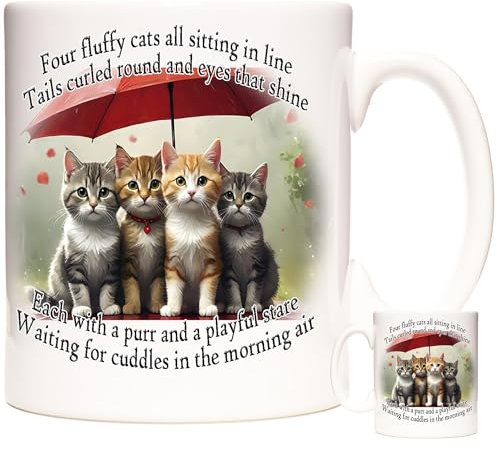 KAZMUGZ Cat Gift Coffee Mug. Four Fluffy Cats All Sitting in line. Charming Picture of Tabby Cats on an 11oz Ceramic Mug for cat Lovers